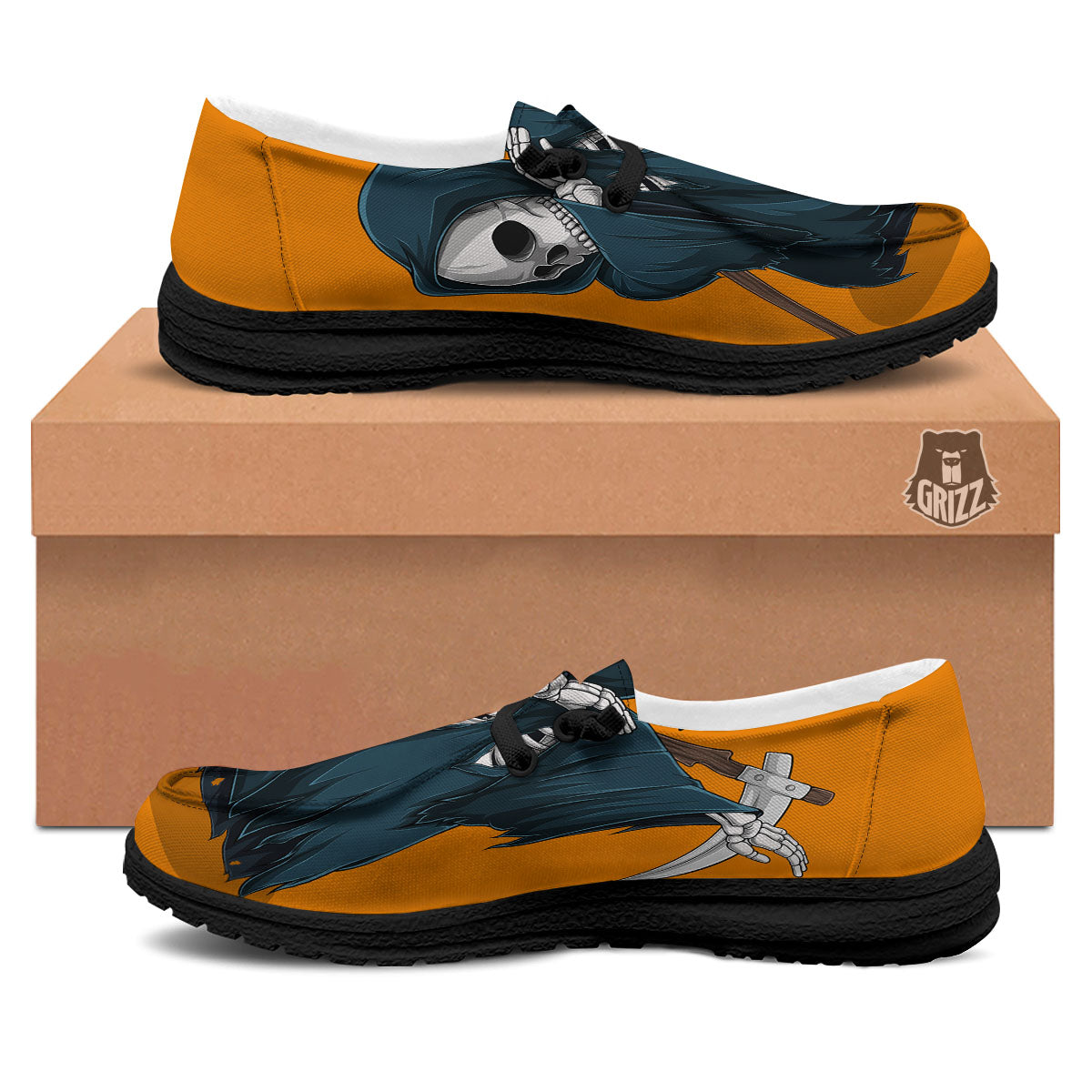 Grim Reaper Skeleton Dap Print Black Loafers-grizzshop