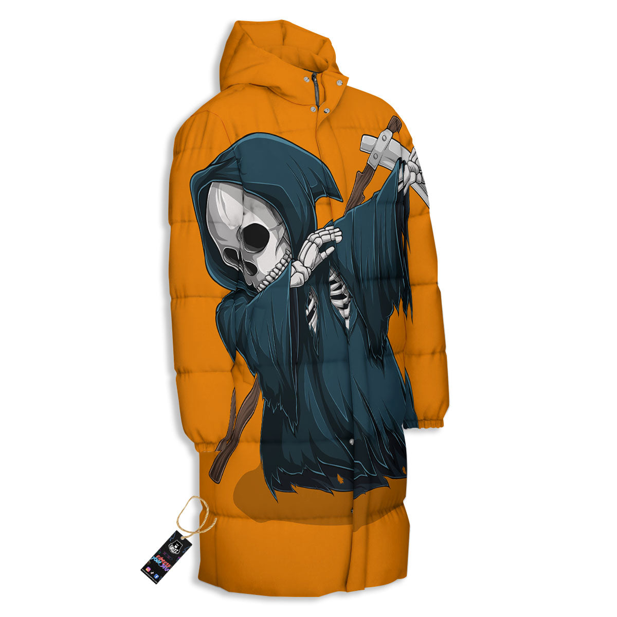 Grim Reaper Skeleton Dap Print Long Down Jacket-grizzshop