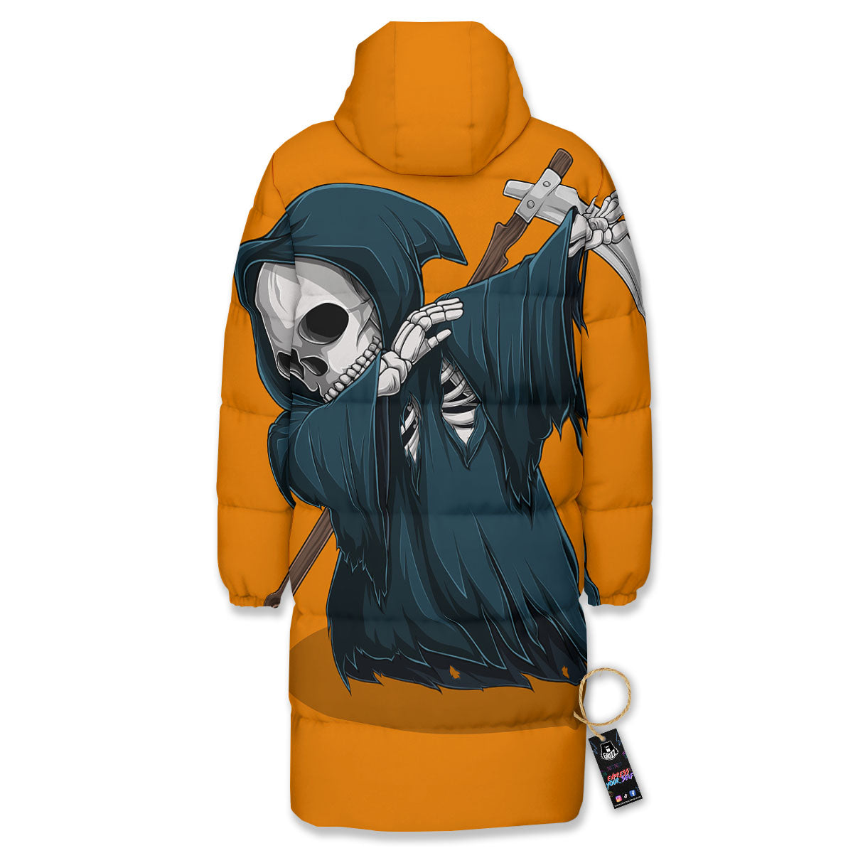 Grim Reaper Skeleton Dap Print Long Down Jacket-grizzshop