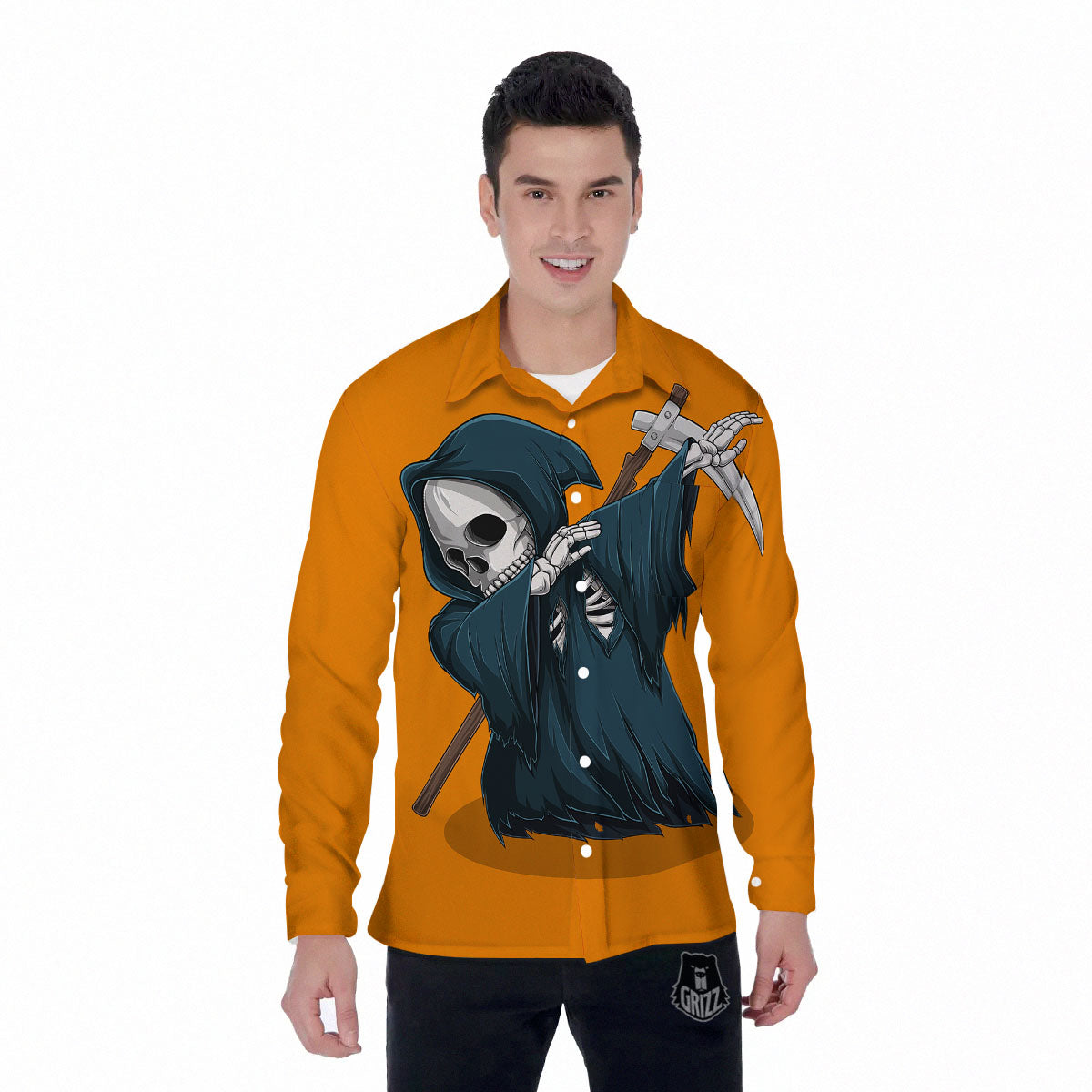 Grim Reaper Skeleton Dap Print Men's Long Sleeve Shirts-grizzshop