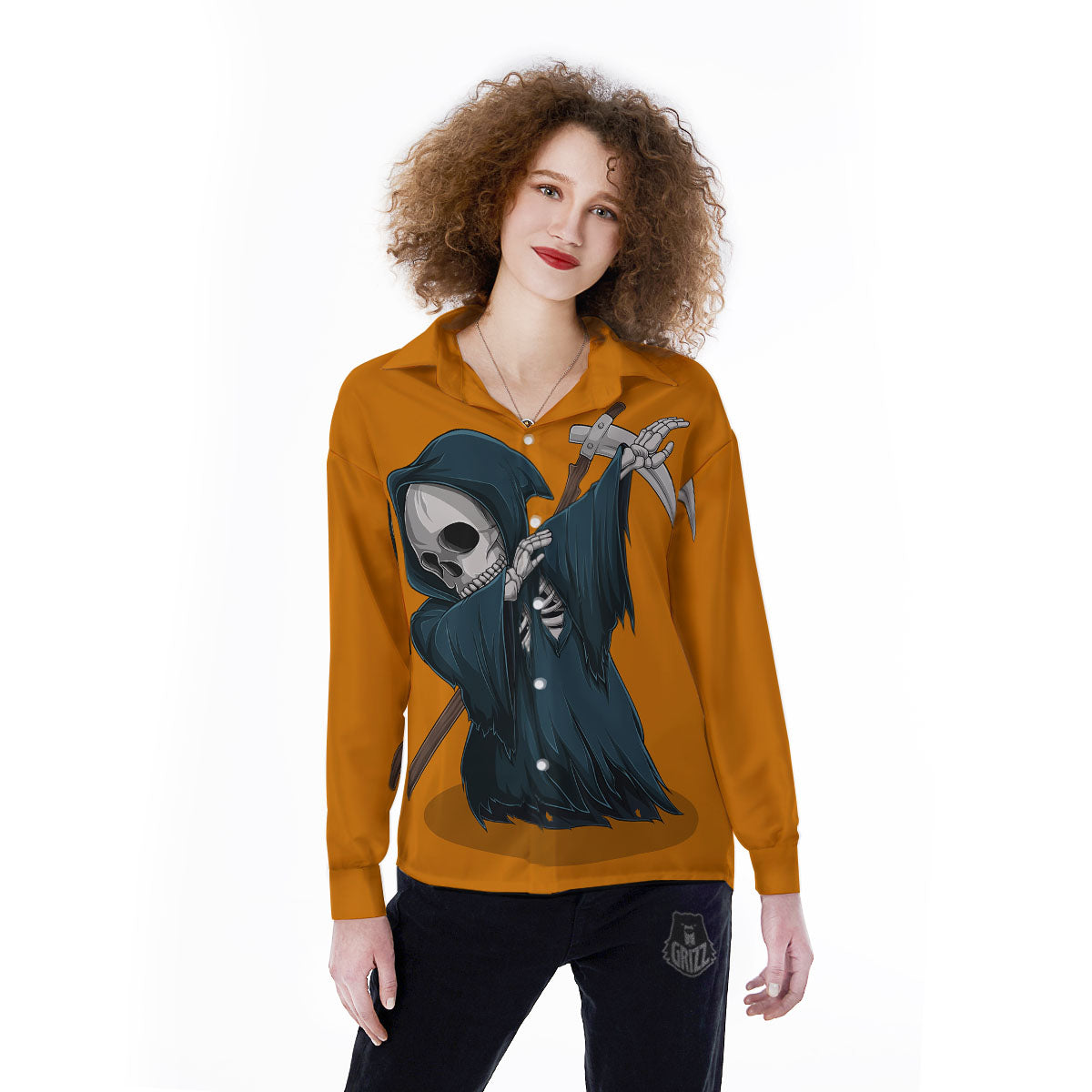 Grim Reaper Skeleton Dap Print Women's Long Sleeve Shirts-grizzshop