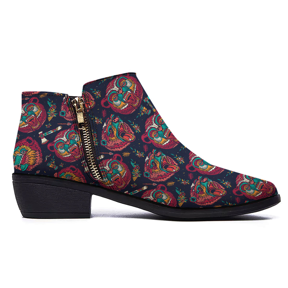 Grizz Bear Oldschool Tattoo Print Pattern Ankle Boots-grizzshop