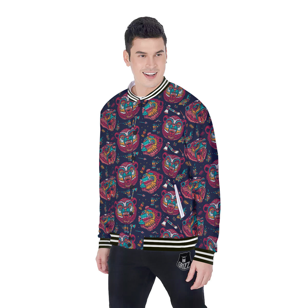 Grizz Bear Oldschool Tattoo Print Pattern Baseball Jacket-grizzshop