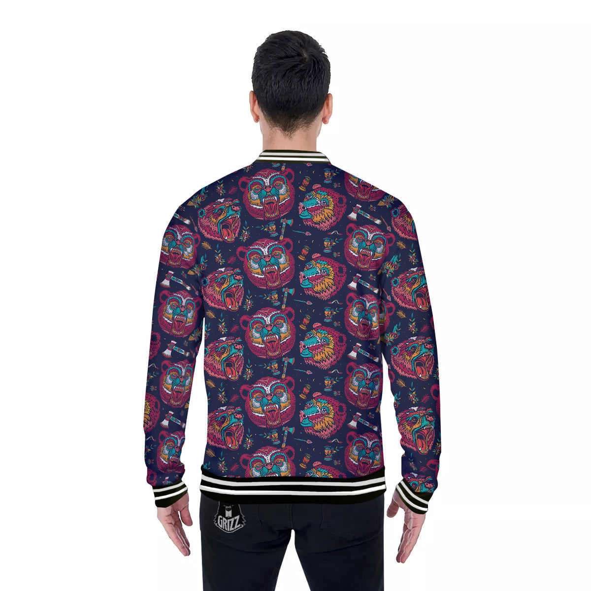 Grizz Bear Oldschool Tattoo Print Pattern Baseball Jacket-grizzshop