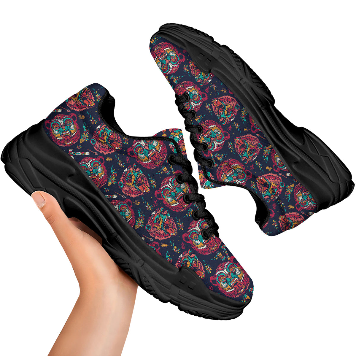 Grizz Bear Oldschool Tattoo Print Pattern Black Chunky Shoes-grizzshop