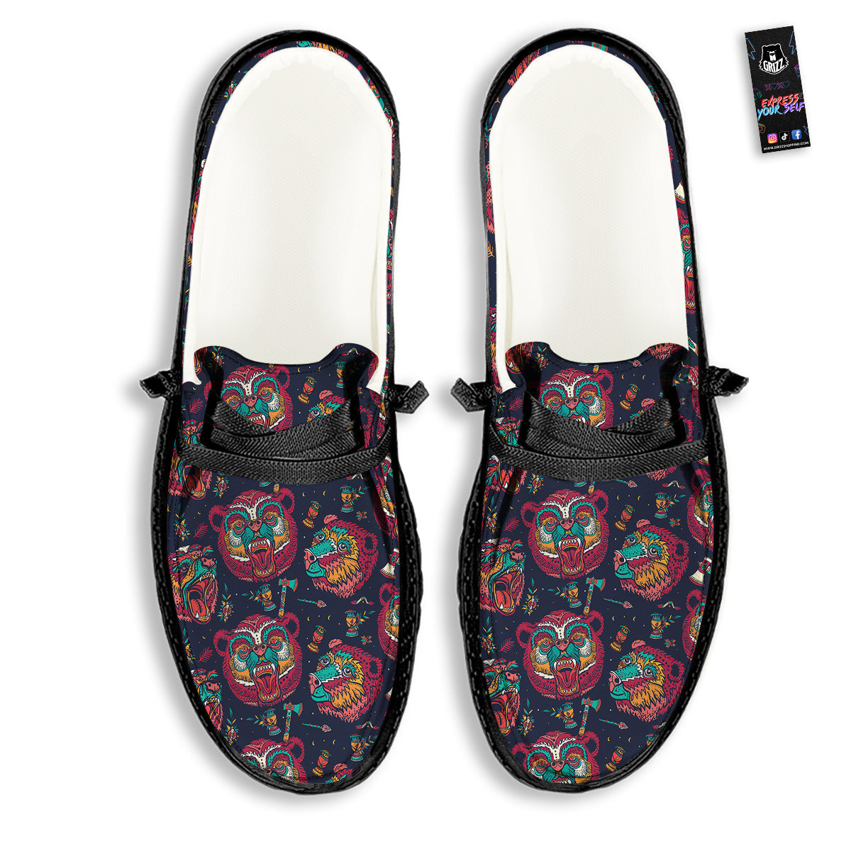 Grizz Bear Oldschool Tattoo Print Pattern Black Loafers-grizzshop