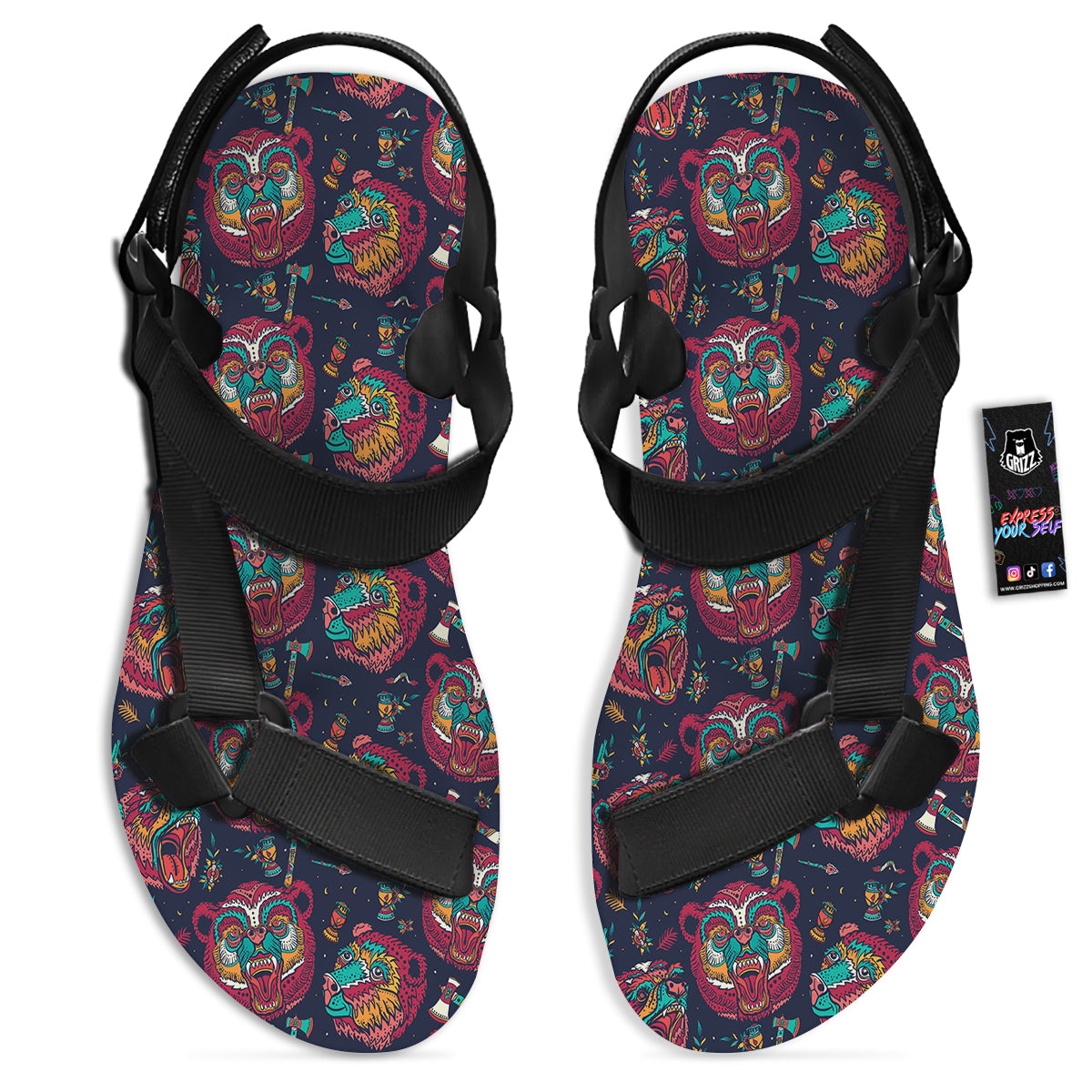 Grizz Bear Oldschool Tattoo Print Pattern Black Open Toe Sandals-grizzshop