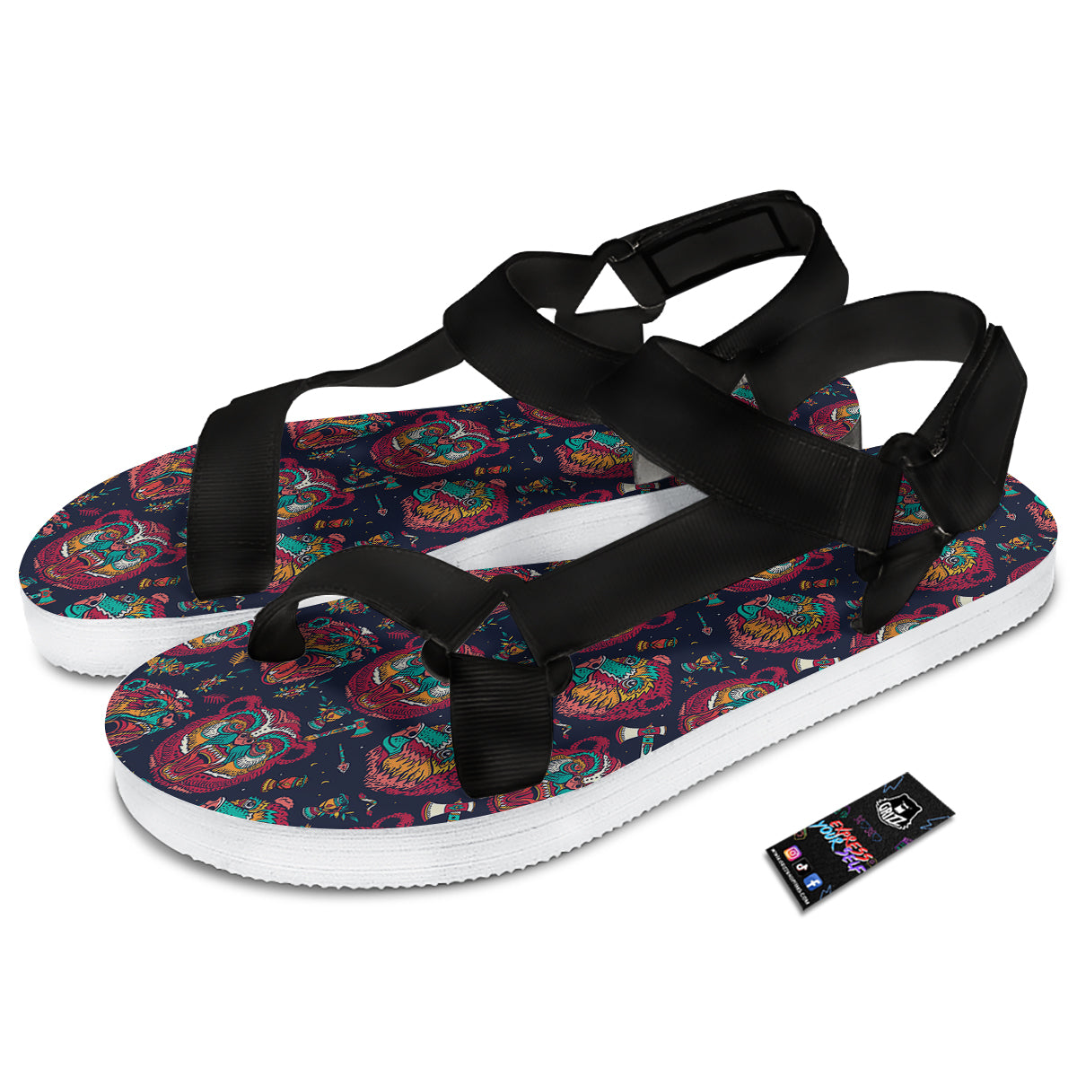 Grizz Bear Oldschool Tattoo Print Pattern Black Open Toe Sandals-grizzshop