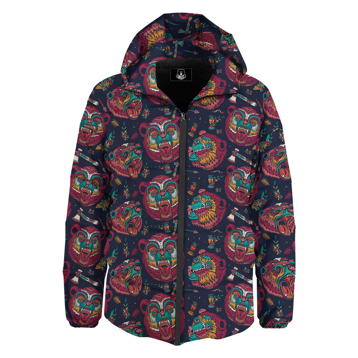 Grizz Bear Oldschool Tattoo Print Pattern Down Jacket-grizzshop