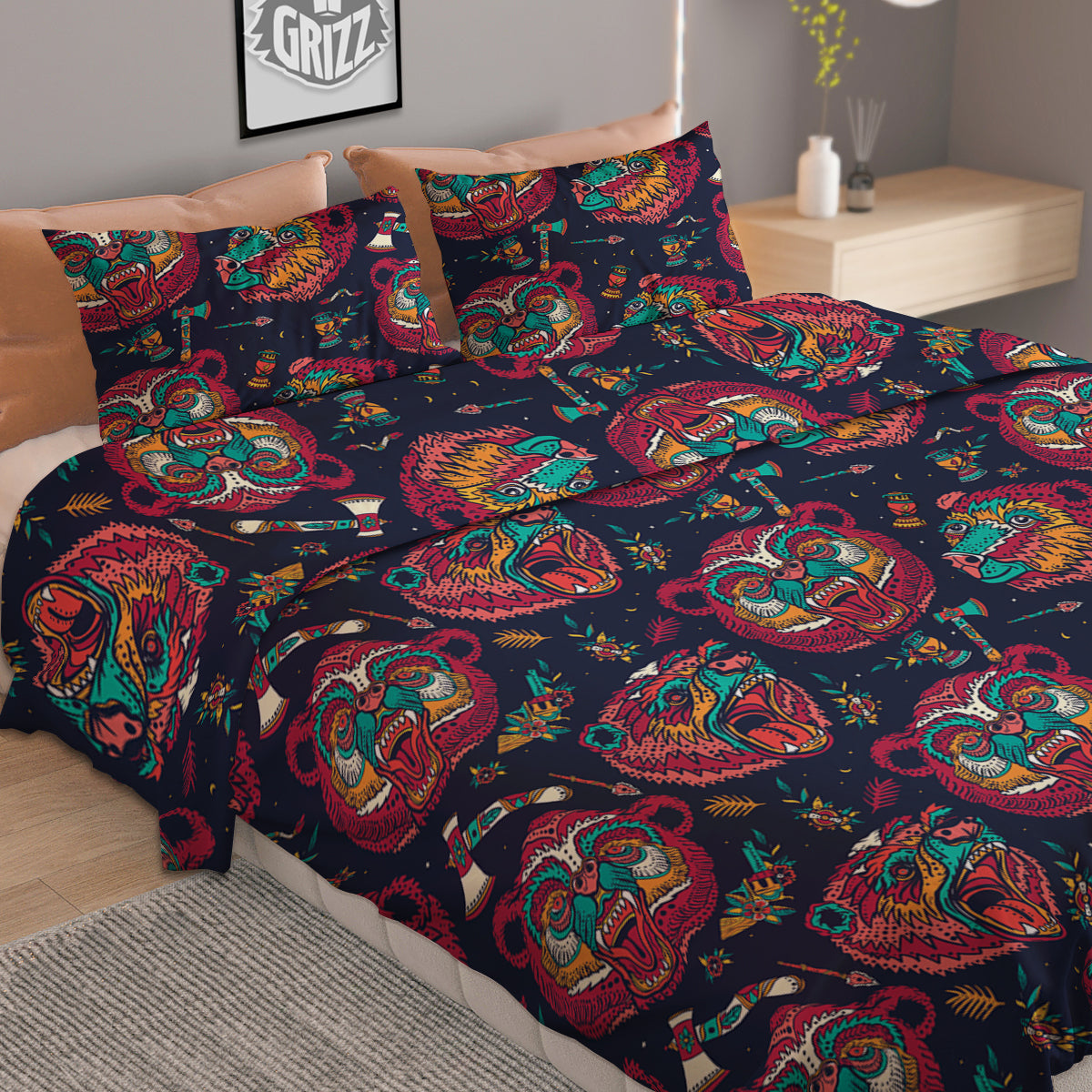 Grizz Bear Oldschool Tattoo Print Pattern Duvet Cover Bedding Set