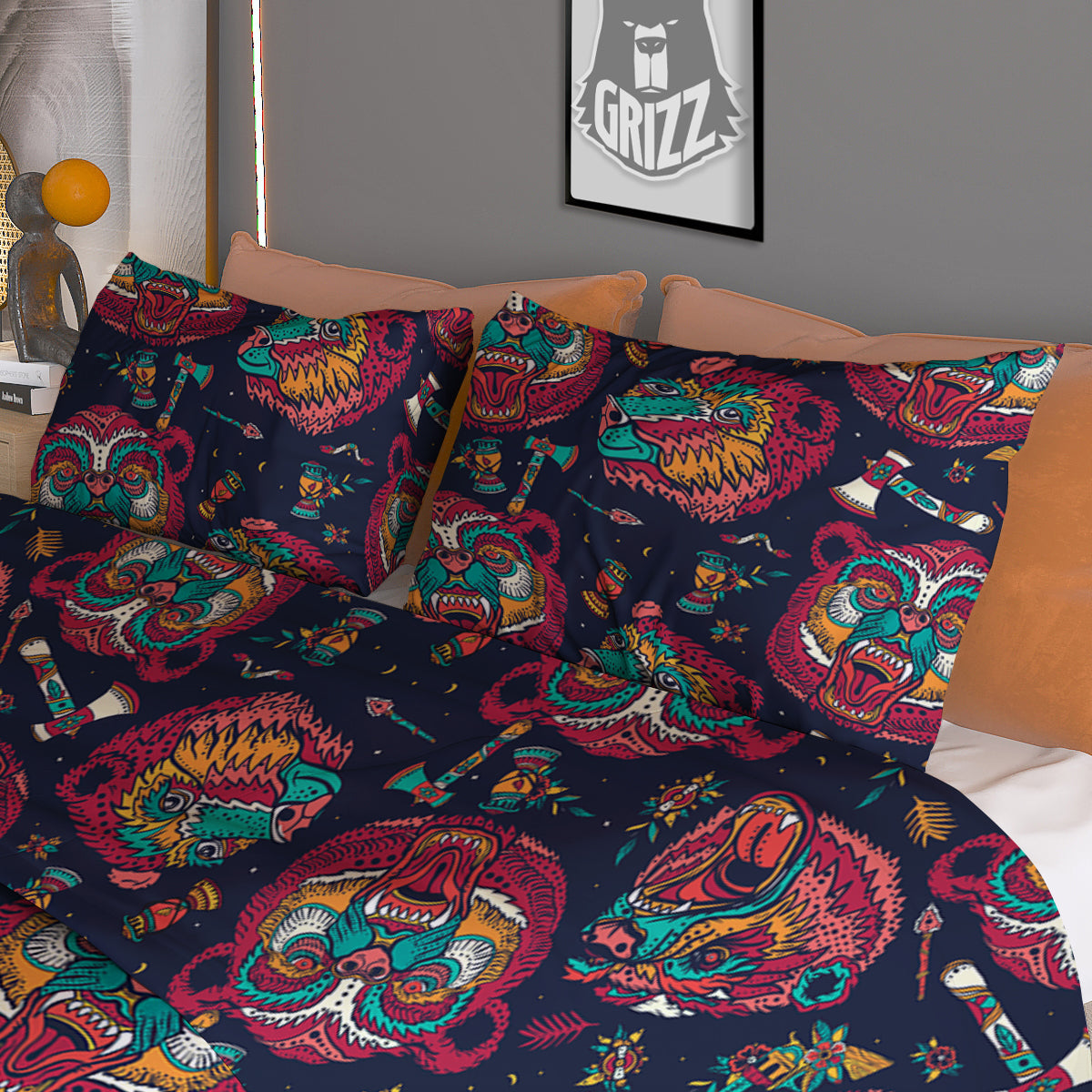Grizz Bear Oldschool Tattoo Print Pattern Duvet Cover Bedding Set