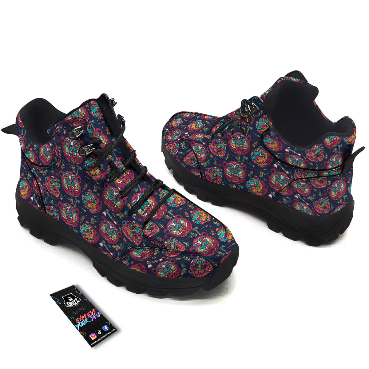 Grizz Bear Oldschool Tattoo Print Pattern Hiking Shoes-grizzshop