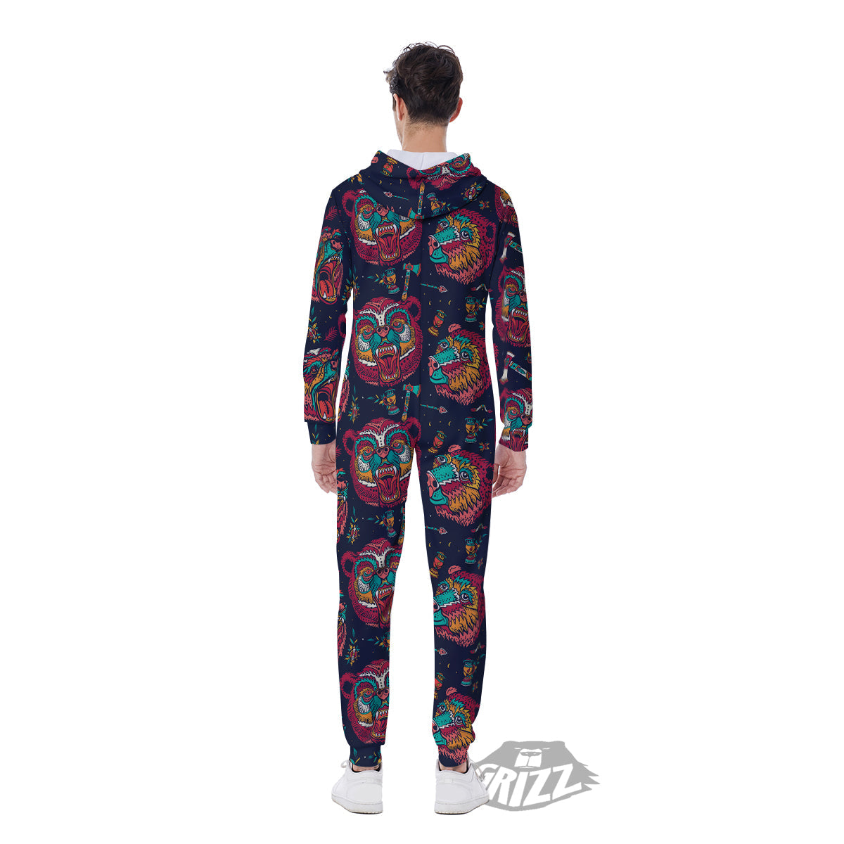Grizz Bear Oldschool Tattoo Print Pattern Men's Jumpsuit-grizzshop