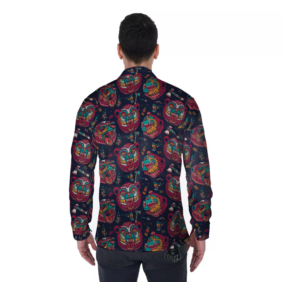 Grizz Bear Oldschool Tattoo Print Pattern Men's Long Sleeve Shirts-grizzshop