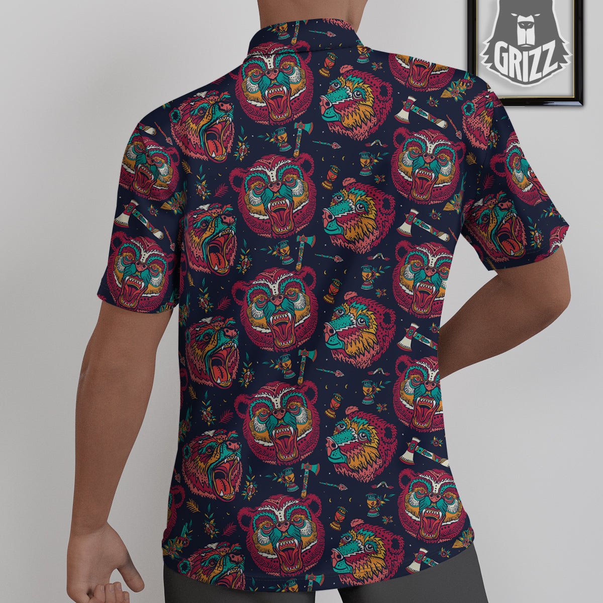 Grizz Bear Oldschool Tattoo Print Pattern Untucked Shirts-grizzshop