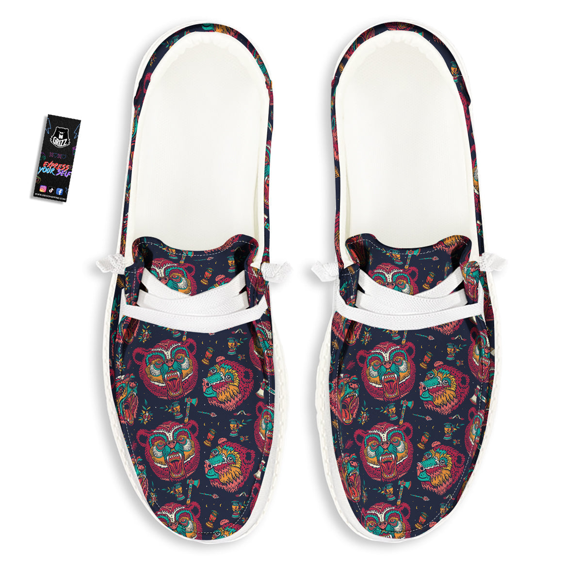 Grizz Bear Oldschool Tattoo Print Pattern White Loafers-grizzshop