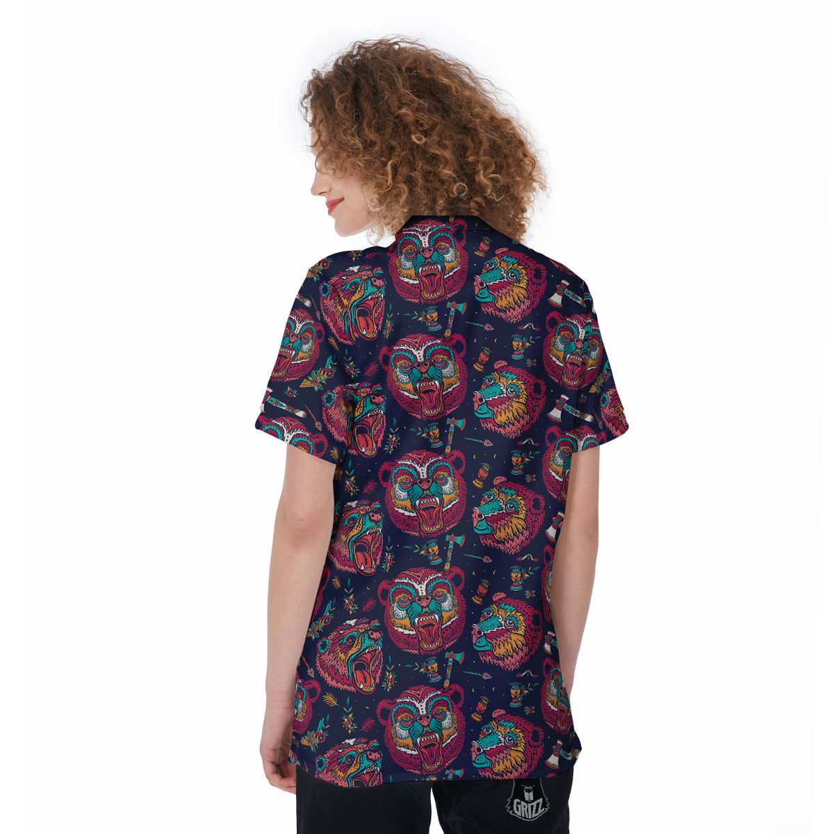 Grizz Bear Oldschool Tattoo Print Pattern Women's Golf Shirts-grizzshop