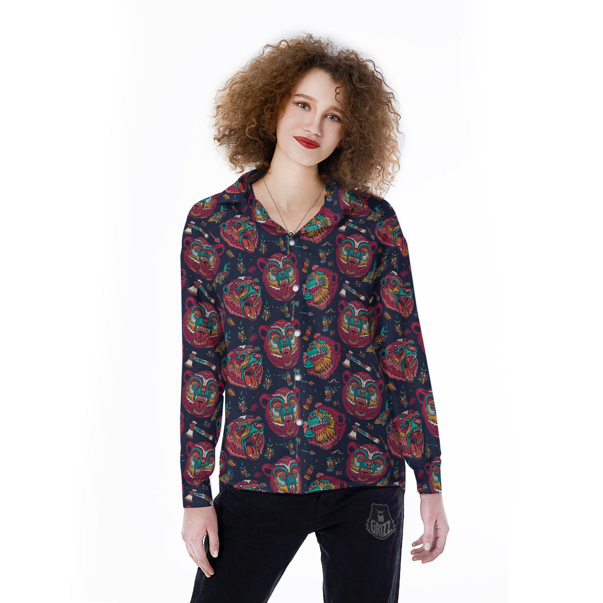 Grizz Bear Oldschool Tattoo Print Pattern Women's Long Sleeve Shirts-grizzshop