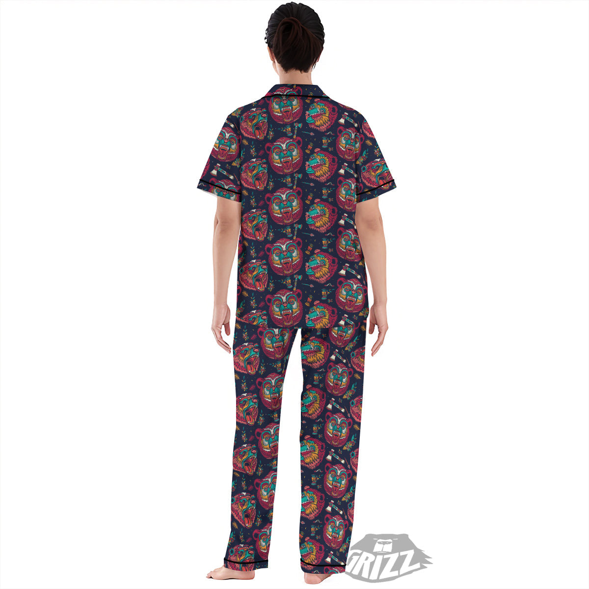 Grizz Bear Oldschool Tattoo Print Pattern Women's Pajamas Set-grizzshop