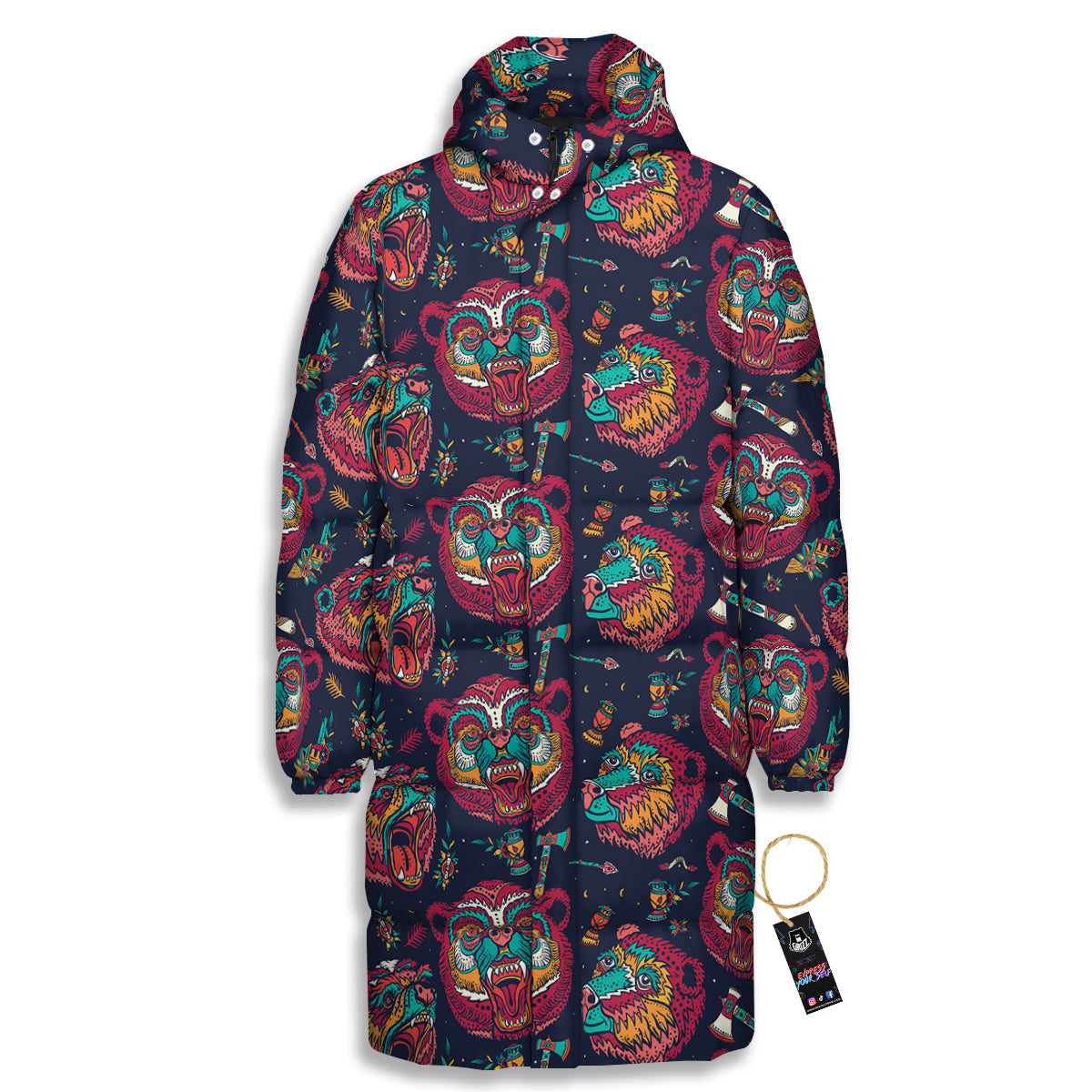 Grizz Bear Oldschool Tattoo Print Pattern Long Down Jacket