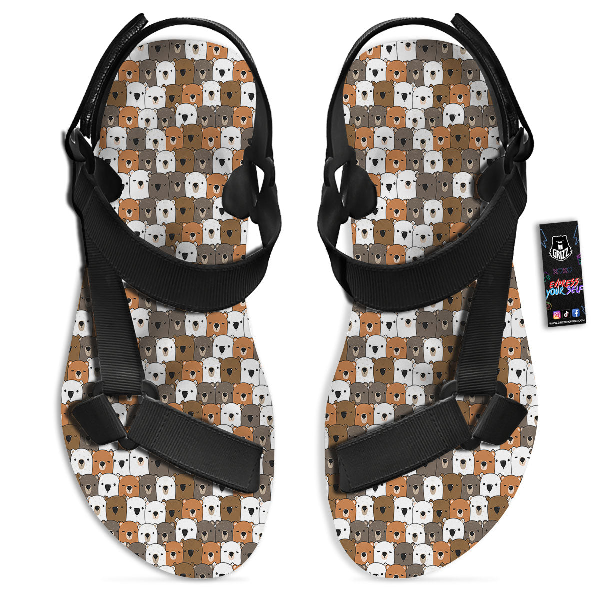 Grizzly Bear Cute Baby Print Pattern Black Open Toe Sandals-grizzshop