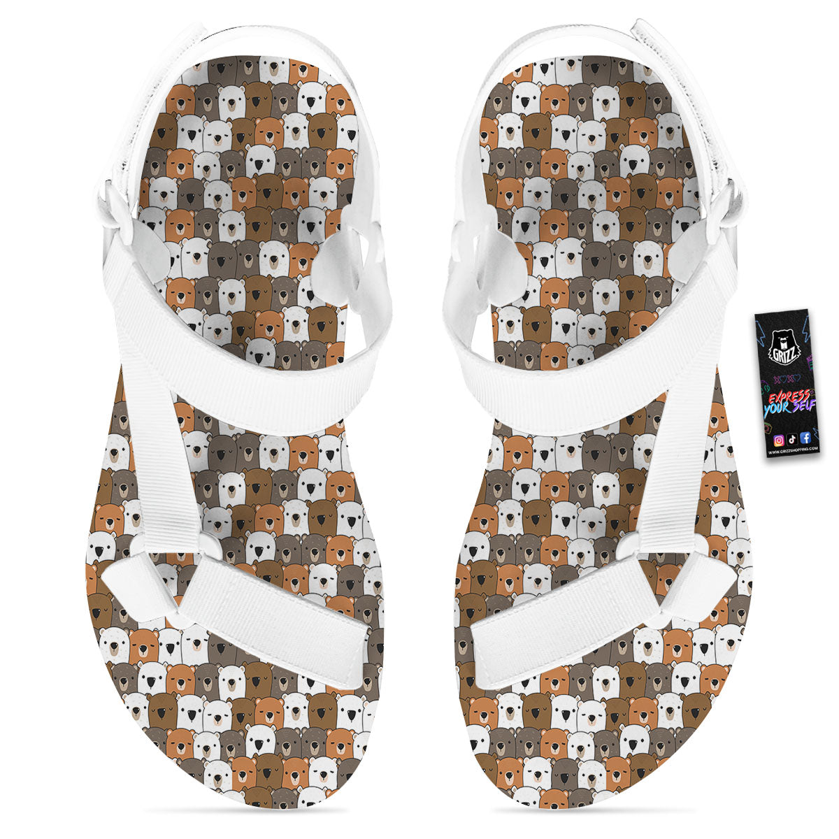 Grizzly Bear Cute Baby Print Pattern White Open Toe Sandals-grizzshop