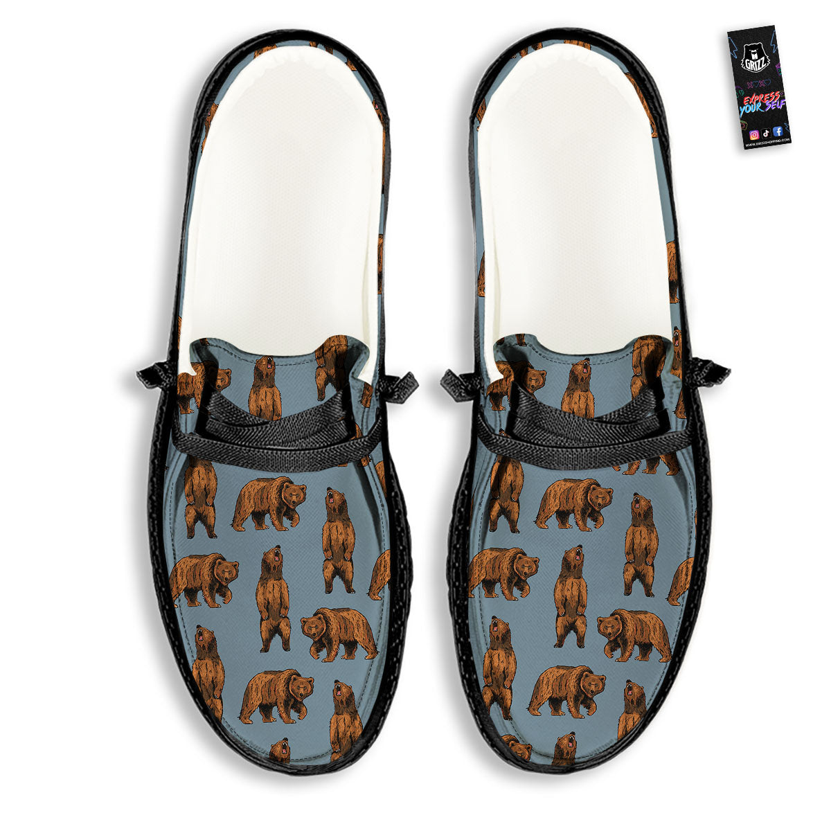 Grizzly Bear Print Pattern Black Loafers-grizzshop