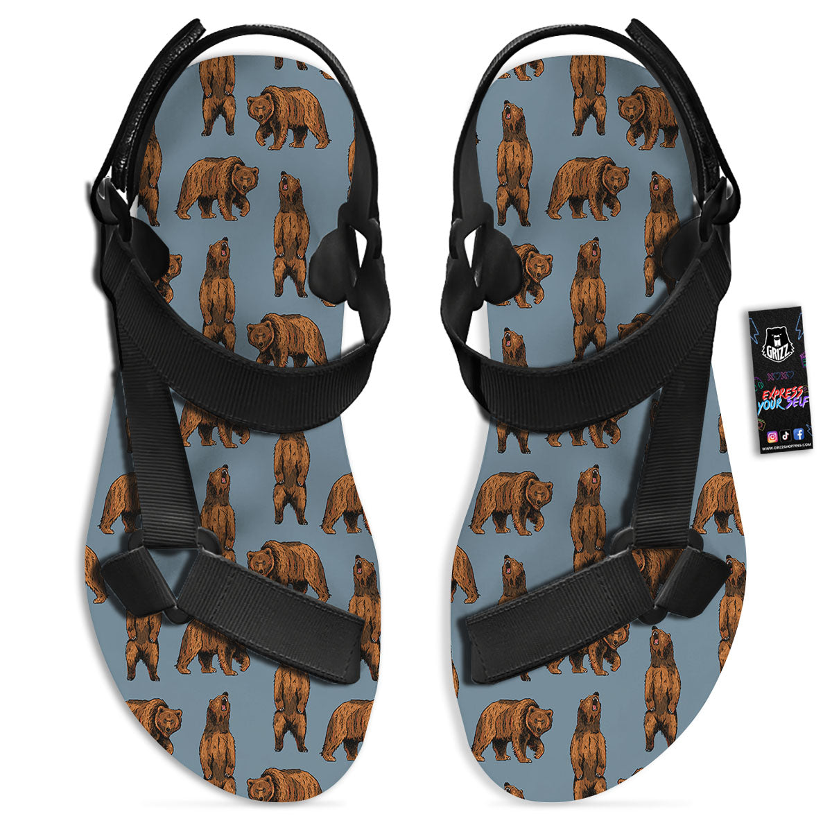 Grizzly Bear Print Pattern Black Open Toe Sandals-grizzshop