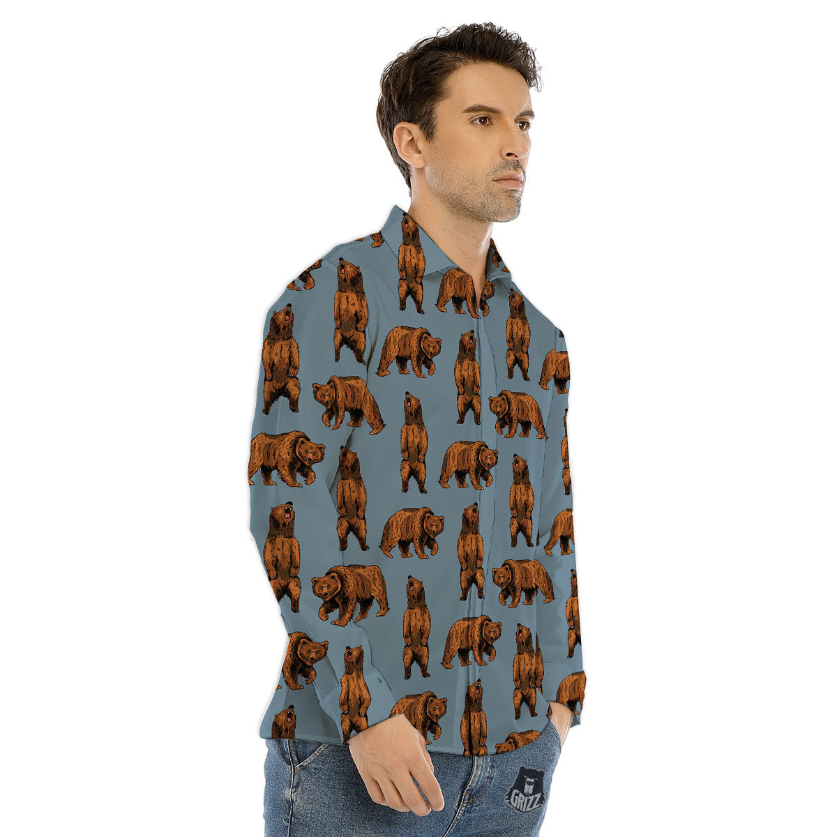 Grizzly Bear Print Pattern Men's Dress Shirts-grizzshop