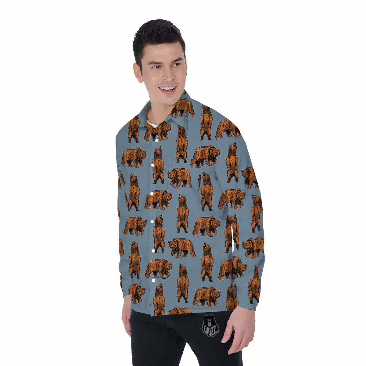 Grizzly Bear Print Pattern Men's Long Sleeve Shirts-grizzshop