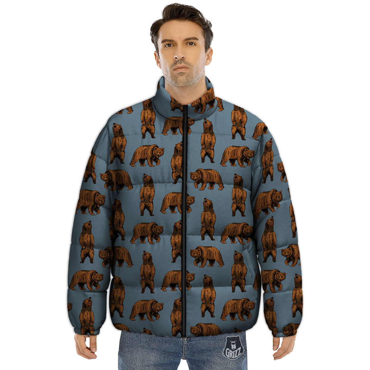 Grizzly Bear Print Pattern Puffer Jacket-grizzshop