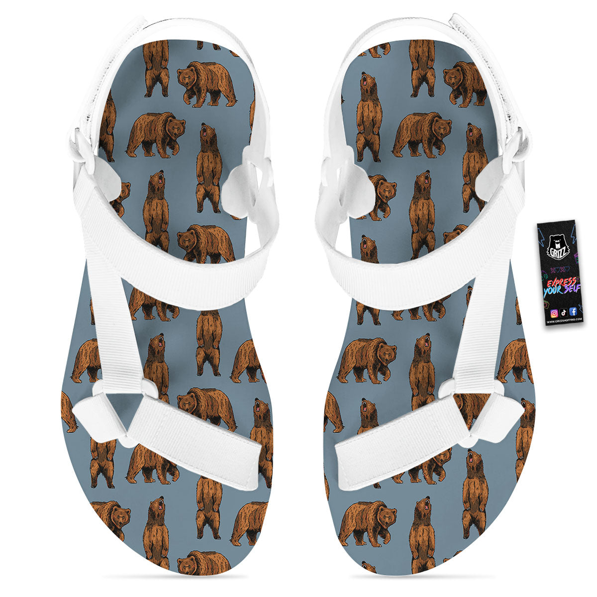 Grizzly Bear Print Pattern White Open Toe Sandals-grizzshop