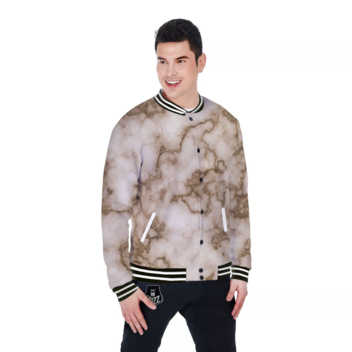 Grunge Marble White Brown Print Pattern Baseball Jacket-grizzshop