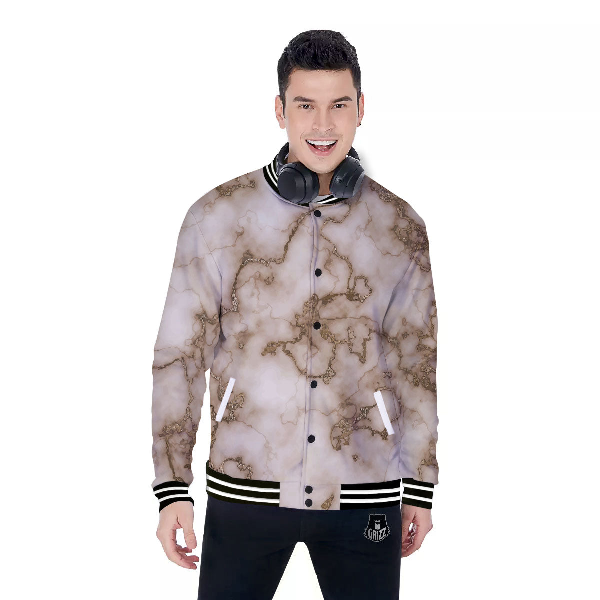 Grunge Marble White Brown Print Pattern Baseball Jacket-grizzshop