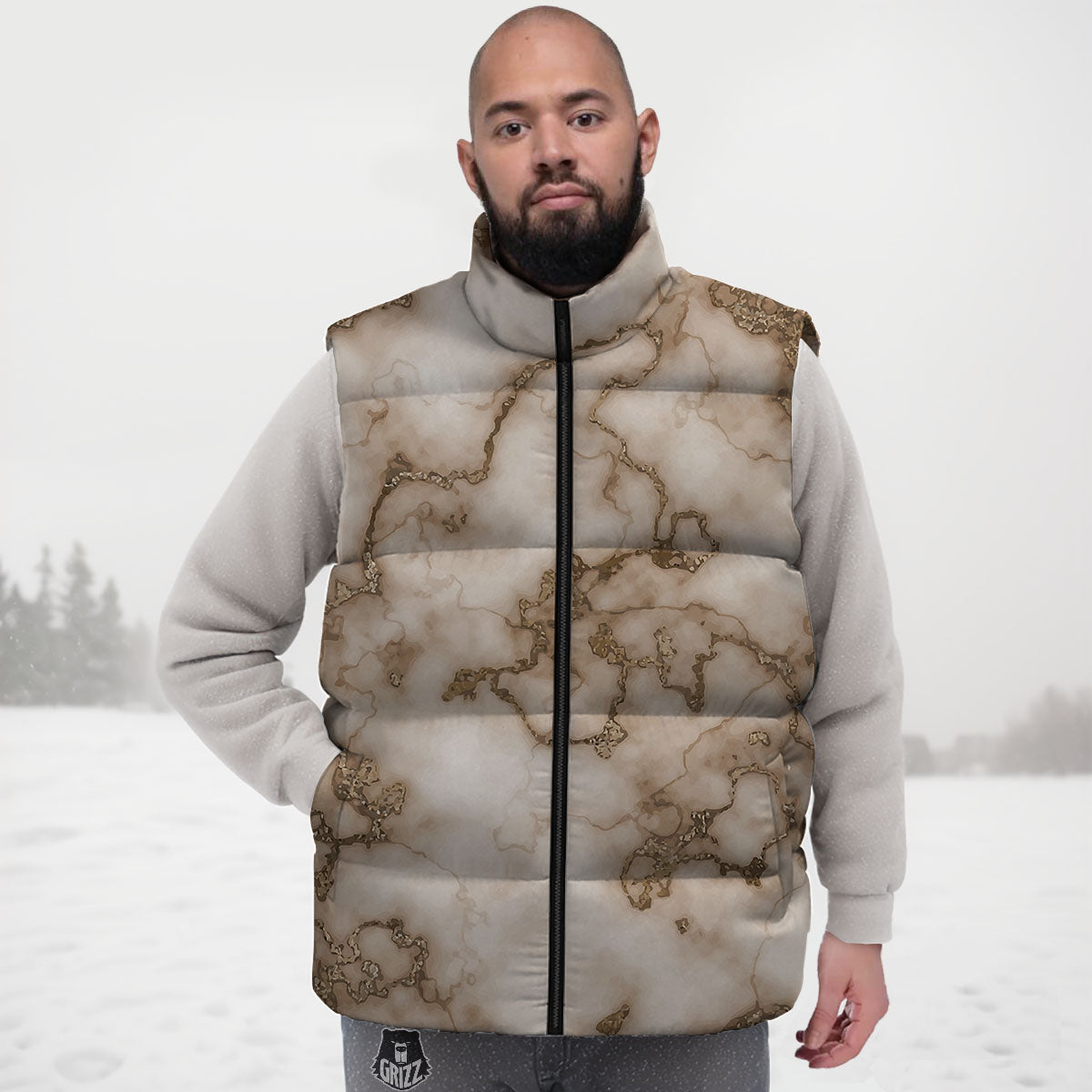 Grunge Marble White Brown Print Pattern Down Vest-grizzshop