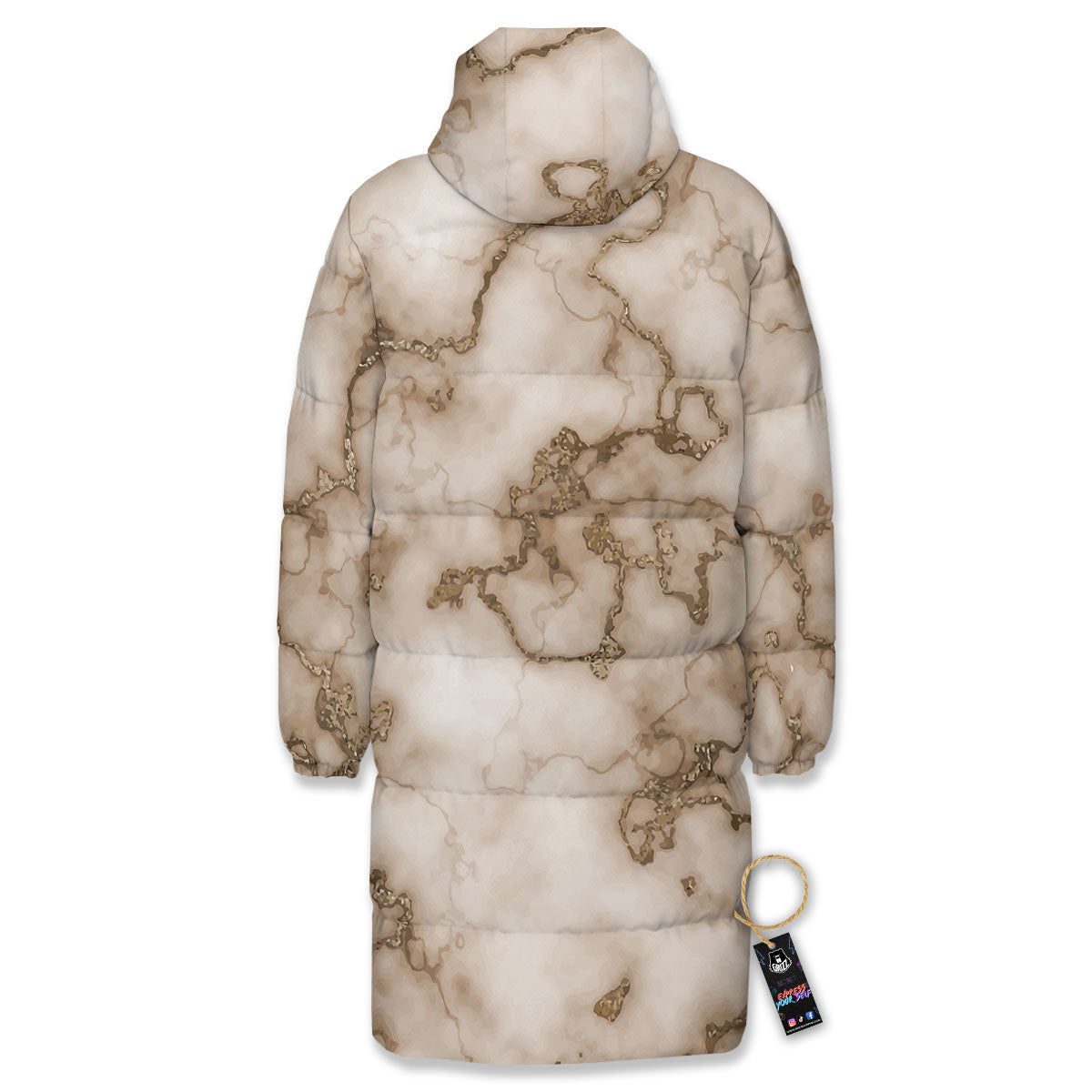 Grunge Marble White Brown Print Pattern Long Down Jacket-grizzshop