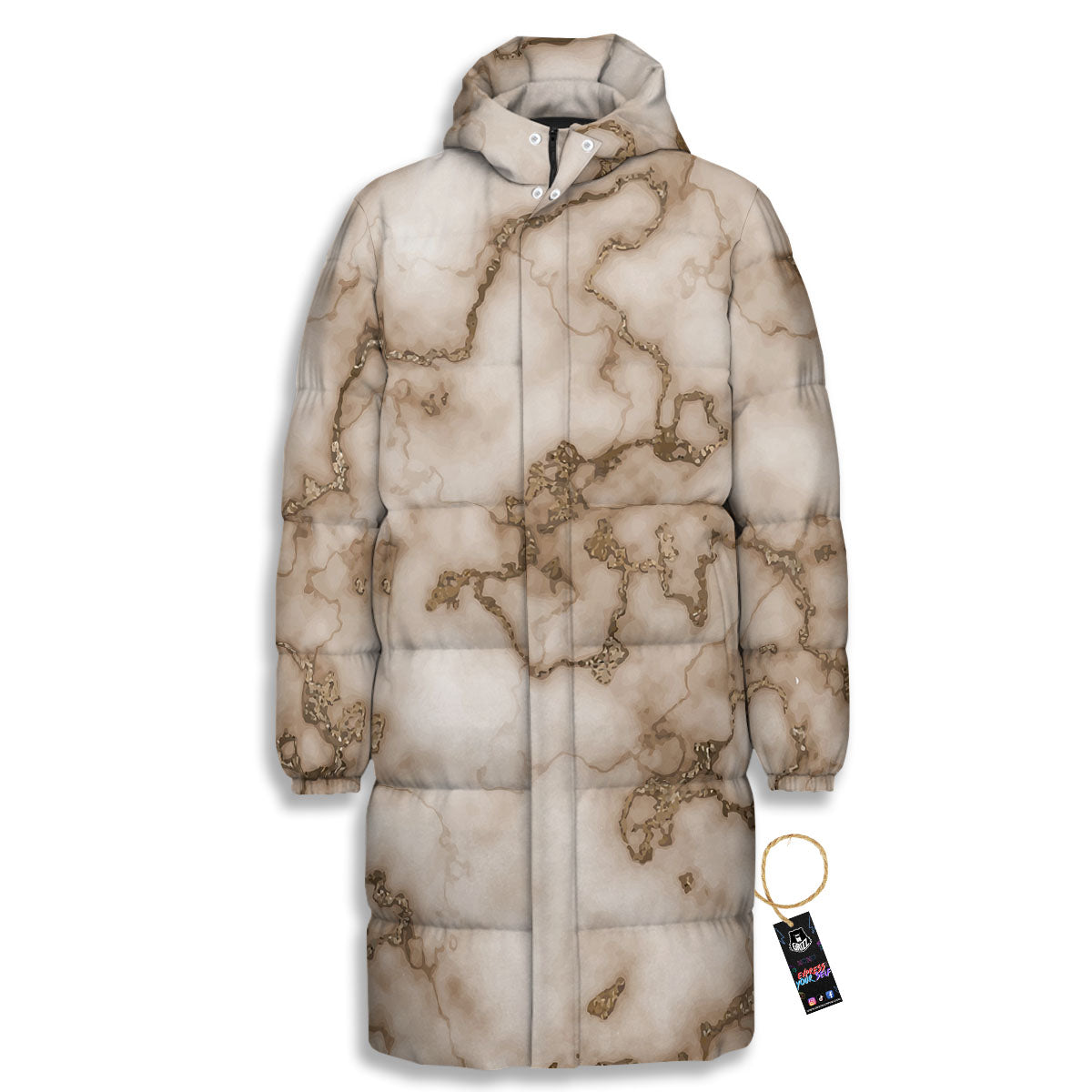 Grunge Marble White Brown Print Pattern Long Down Jacket-grizzshop