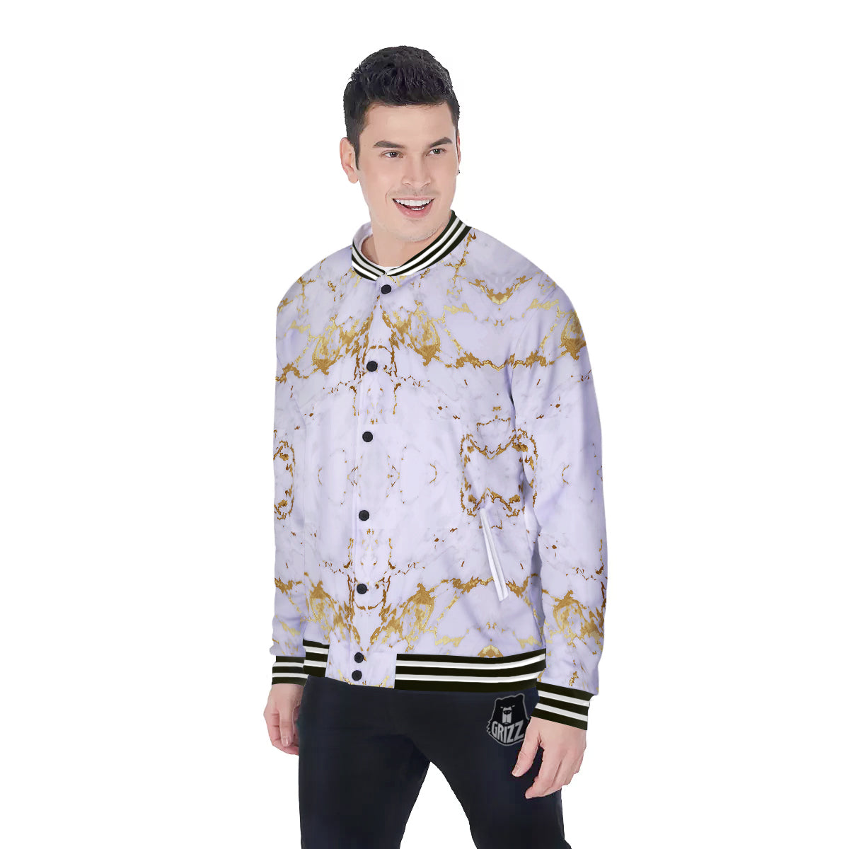 Grunge Marble White Gold Print Pattern Baseball Jacket-grizzshop