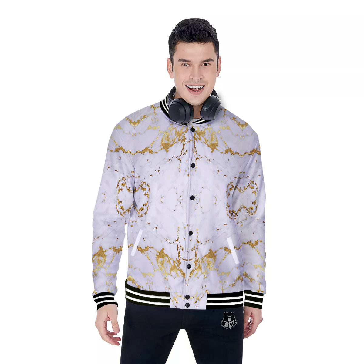 Grunge Marble White Gold Print Pattern Baseball Jacket-grizzshop