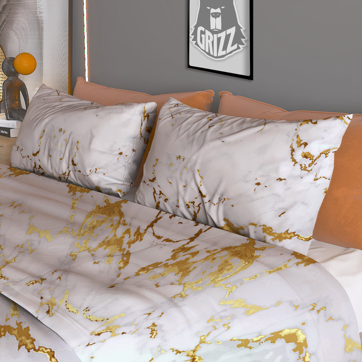 Grunge Marble White Gold Print Pattern Duvet Cover Bedding Set