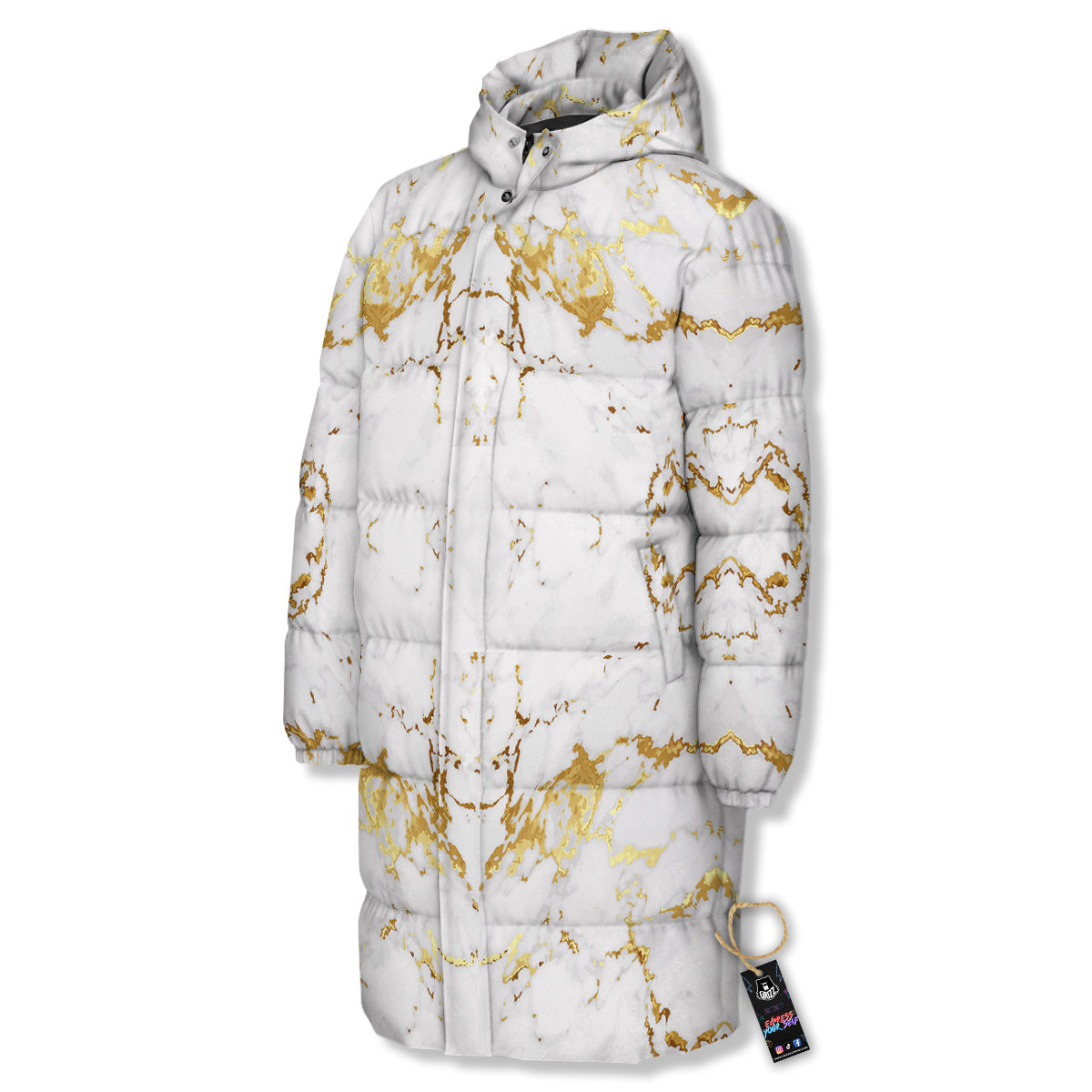 Grunge Marble White Gold Print Pattern Long Down Jacket-grizzshop