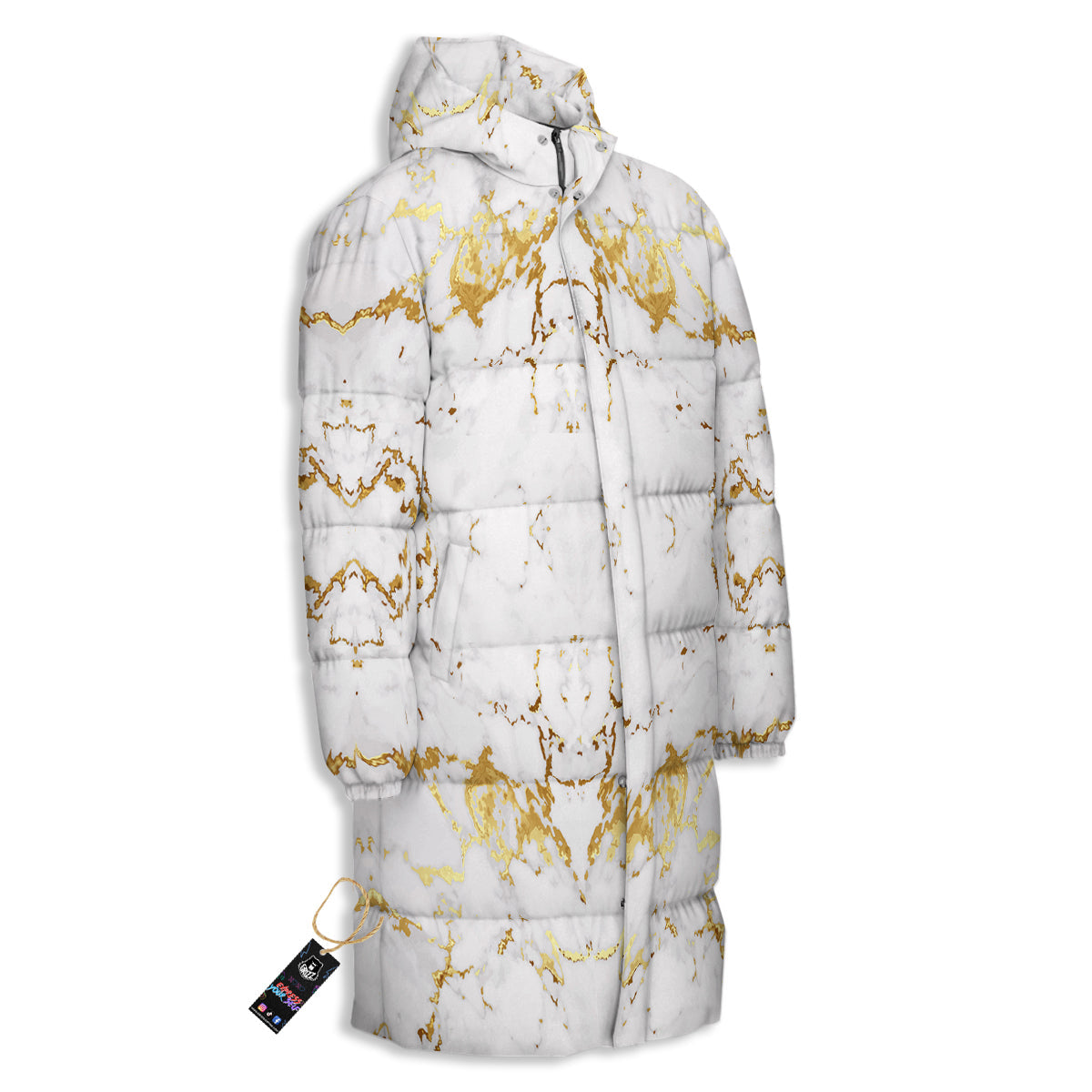 Grunge Marble White Gold Print Pattern Long Down Jacket-grizzshop