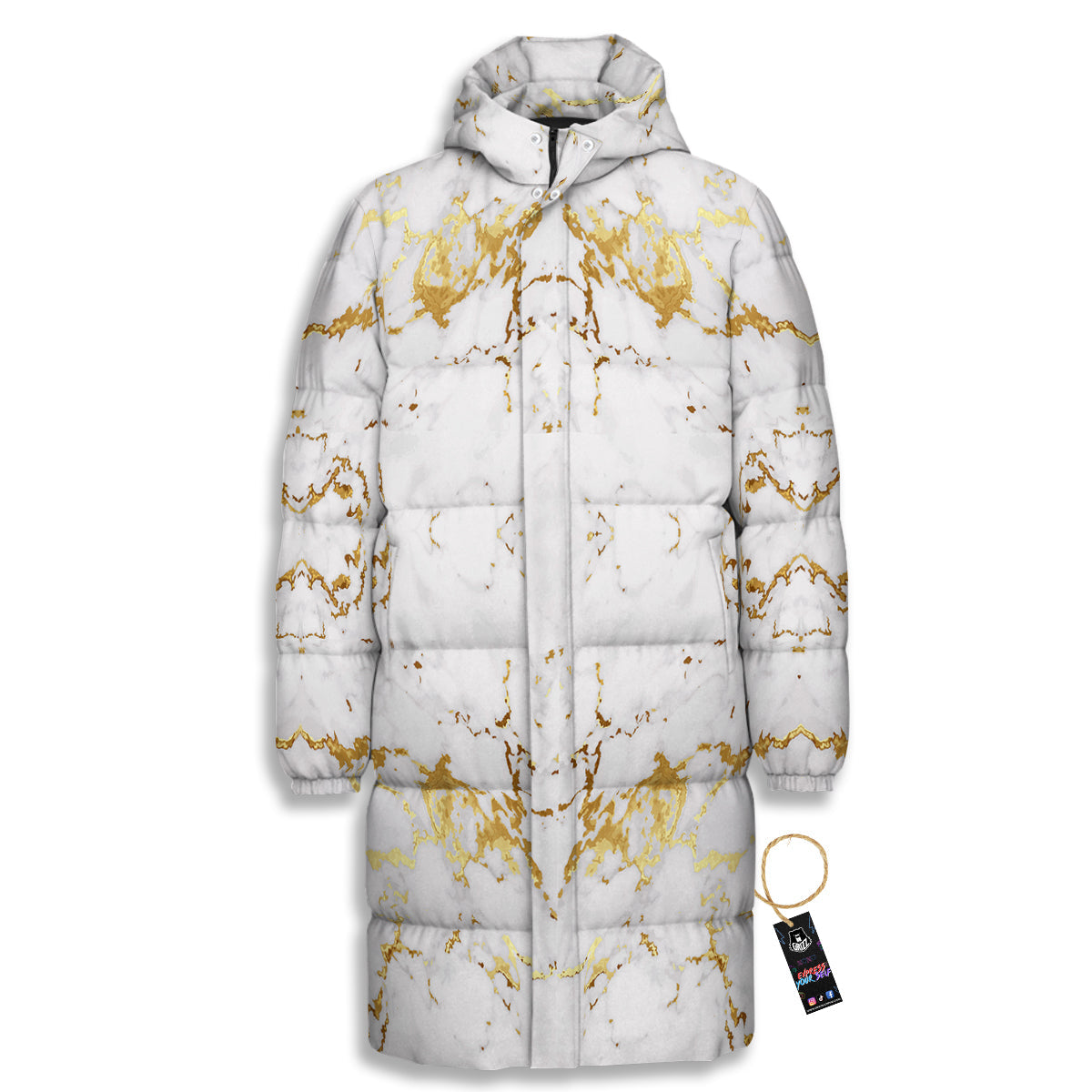 Grunge Marble White Gold Print Pattern Long Down Jacket-grizzshop