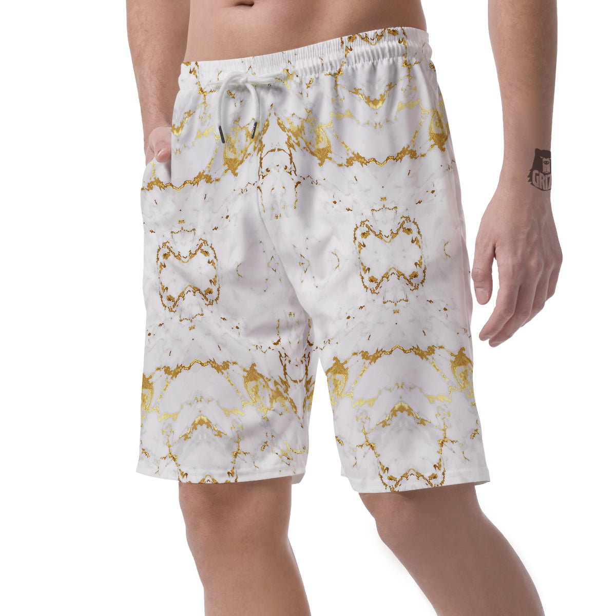 Grunge Marble White Gold Print Pattern Men's Shorts-grizzshop