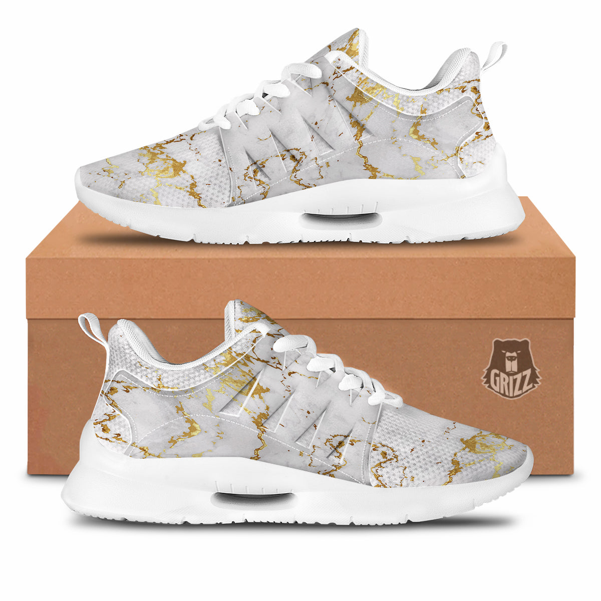 Grunge Marble White Gold Print Pattern Tennis Shoes-grizzshop