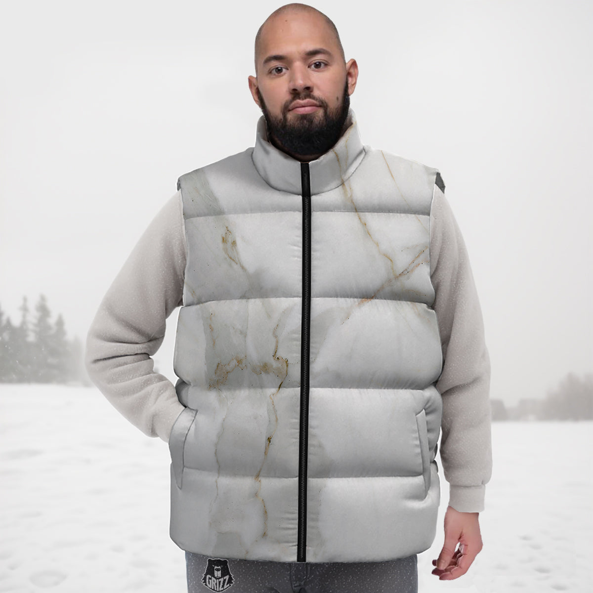 Grunge Marble White Print Pattern Down Vest-grizzshop
