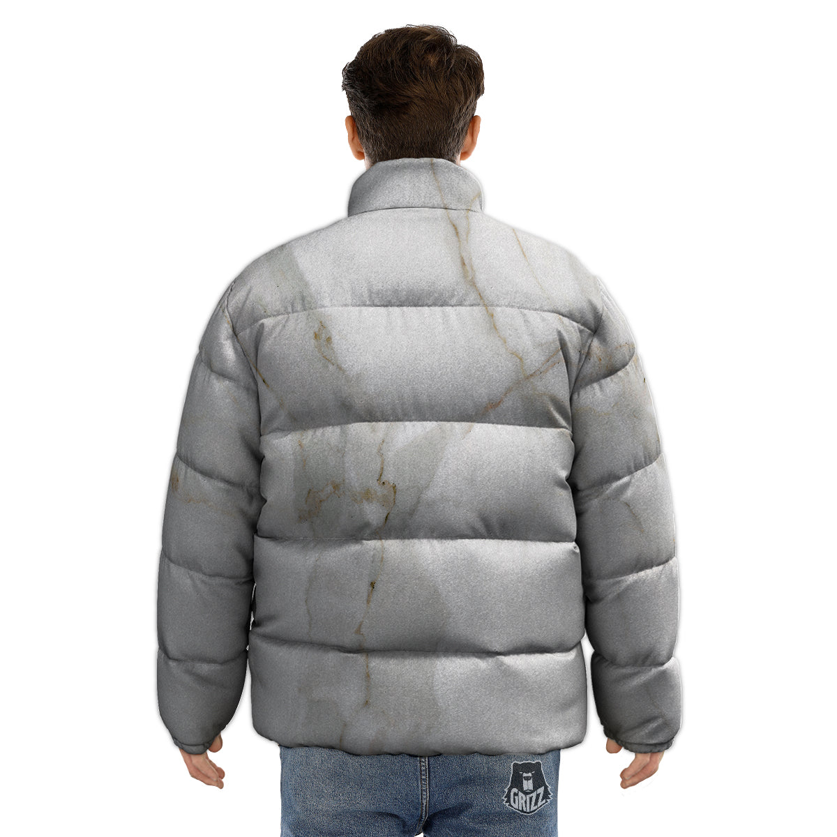 Grunge Marble White Print Pattern Puffer Jacket-grizzshop