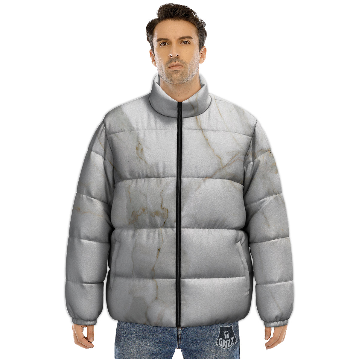 Grunge Marble White Print Pattern Puffer Jacket-grizzshop