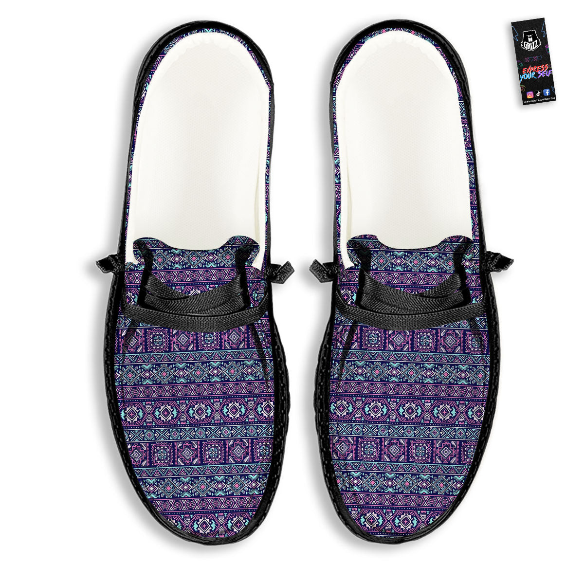 Grunge Trippy Ethnic Aztec Print Black Loafers-grizzshop