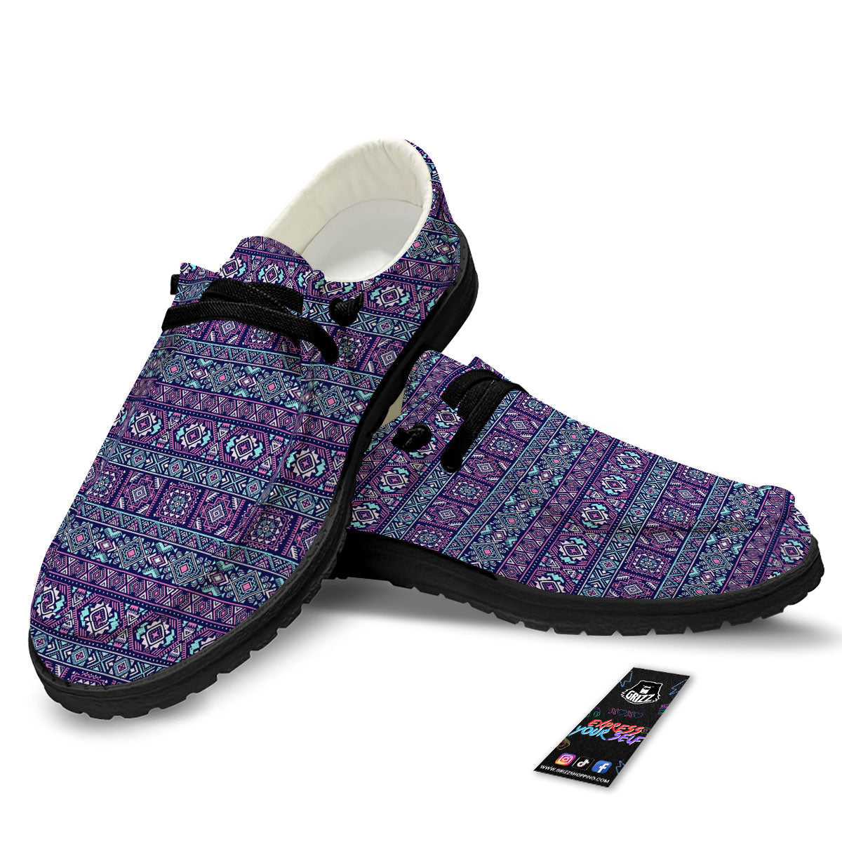 Grunge Trippy Ethnic Aztec Print Black Loafers-grizzshop